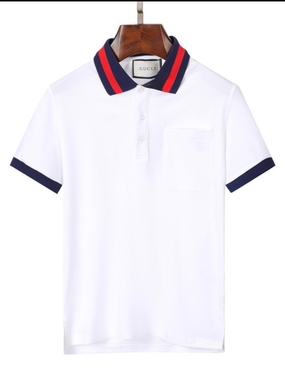 Gucci White Polo with Navy & Red Stripe Collar - men